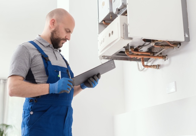 Manutentore davanti a una caldaia